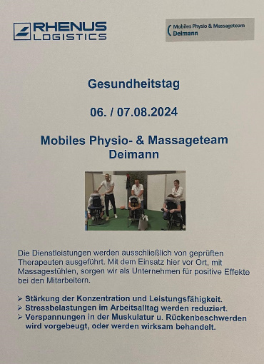 Gesundheitstag 06./07.08.24 bei Rhenus Logistics Massagen für alle Mitarbeiter